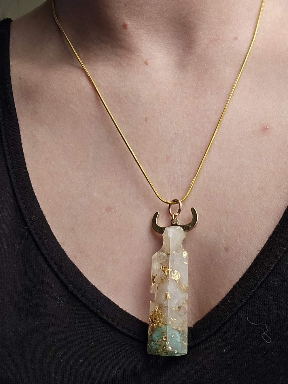 Rose Quartz & Turquoise Resin Cylinder Pendant Necklace | Gold Foil Accent | 20” - Picture 9 of 10